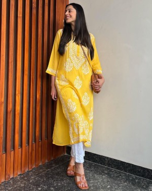 Yellow New Beautiful Cotton With Chikankari Work For Girl Kurti With Pent